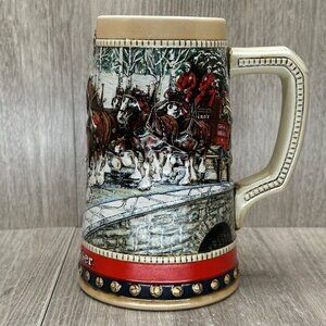 1988 Anheuser Busch Budweiser Clydesdales Beer Stein Mug Holiday Handcrafted Red